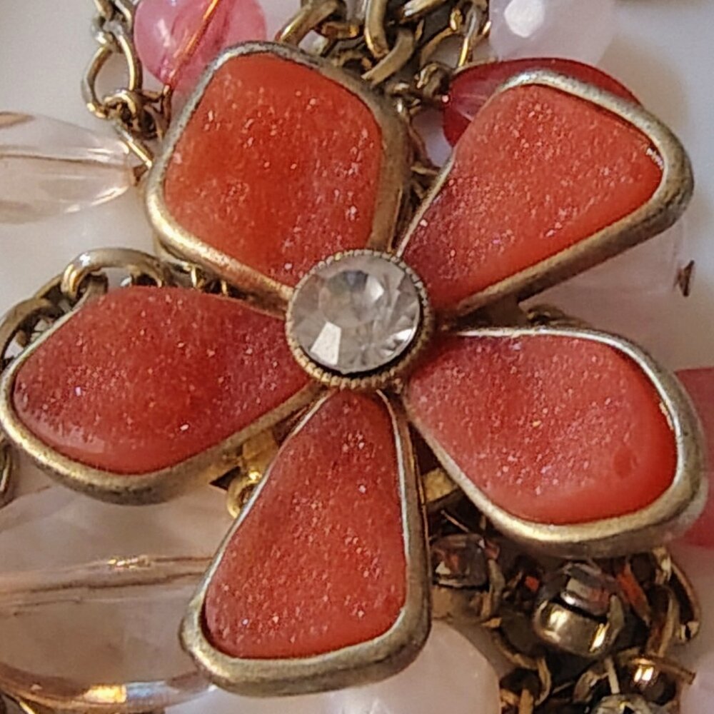 Vtg Pink Stone Chunky Druzy Crystal Statement Necklace Faux Pearl Coral Lucite